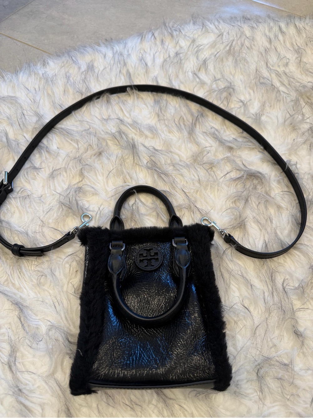 Tory Burch Black Leather & Fur Mini Crossbody Bag